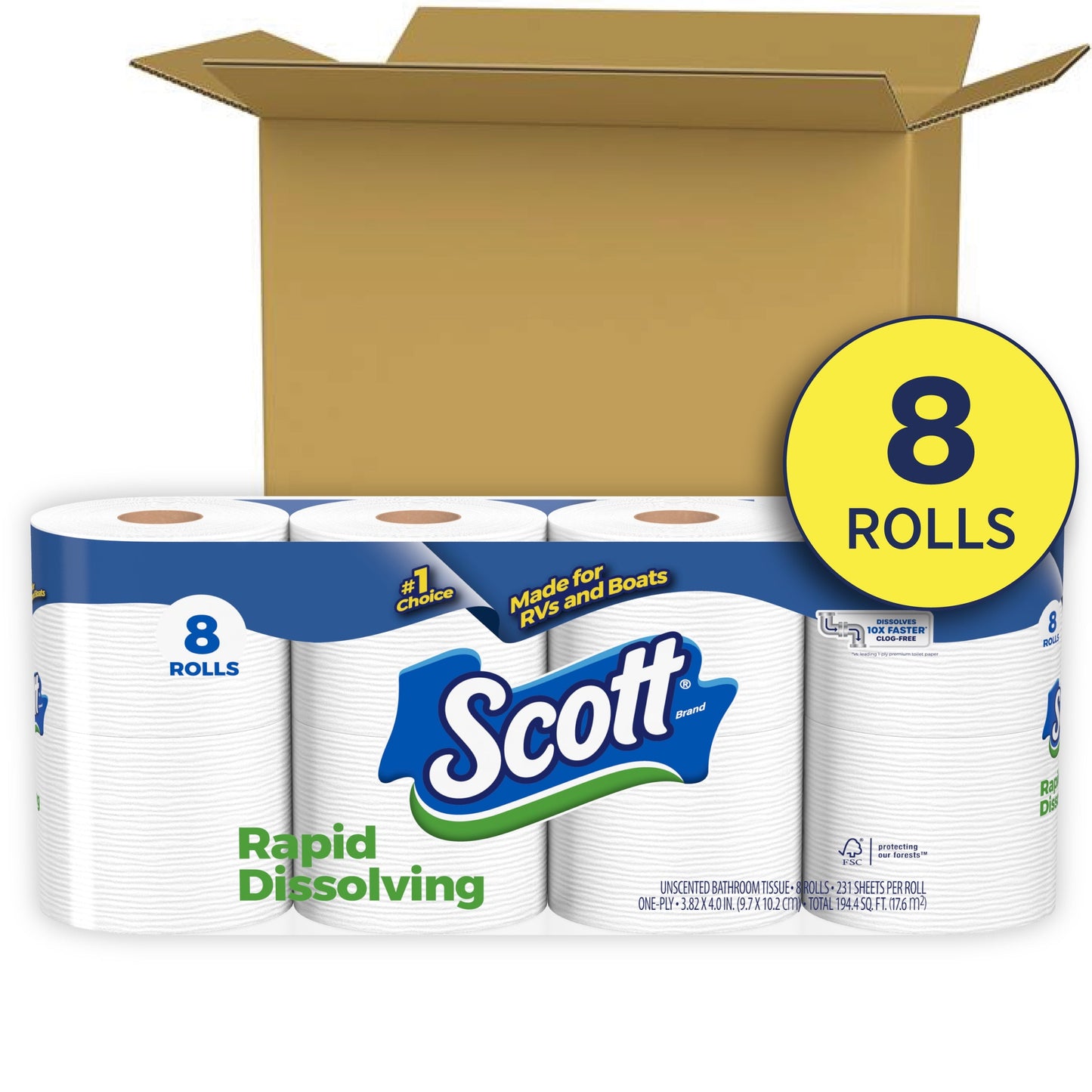 Versatile Scott Rapid-Dissolving Toilet Paper, 8 Double Rolls, 231 Sheets Per Roll (1,848 Total)