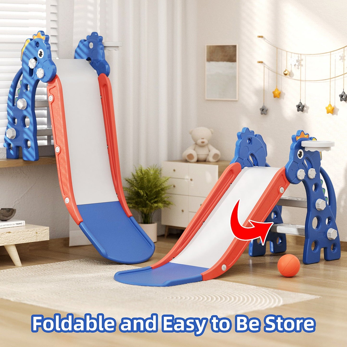 Classic 3 in 1 Slide for Kids, Toddler Slide Climber Set for Indoor Outdoor, Freestanding Game Slide with Extra Long Slipping Slope, Basketball Hoop and Ball for Boys & Girls (Blue)