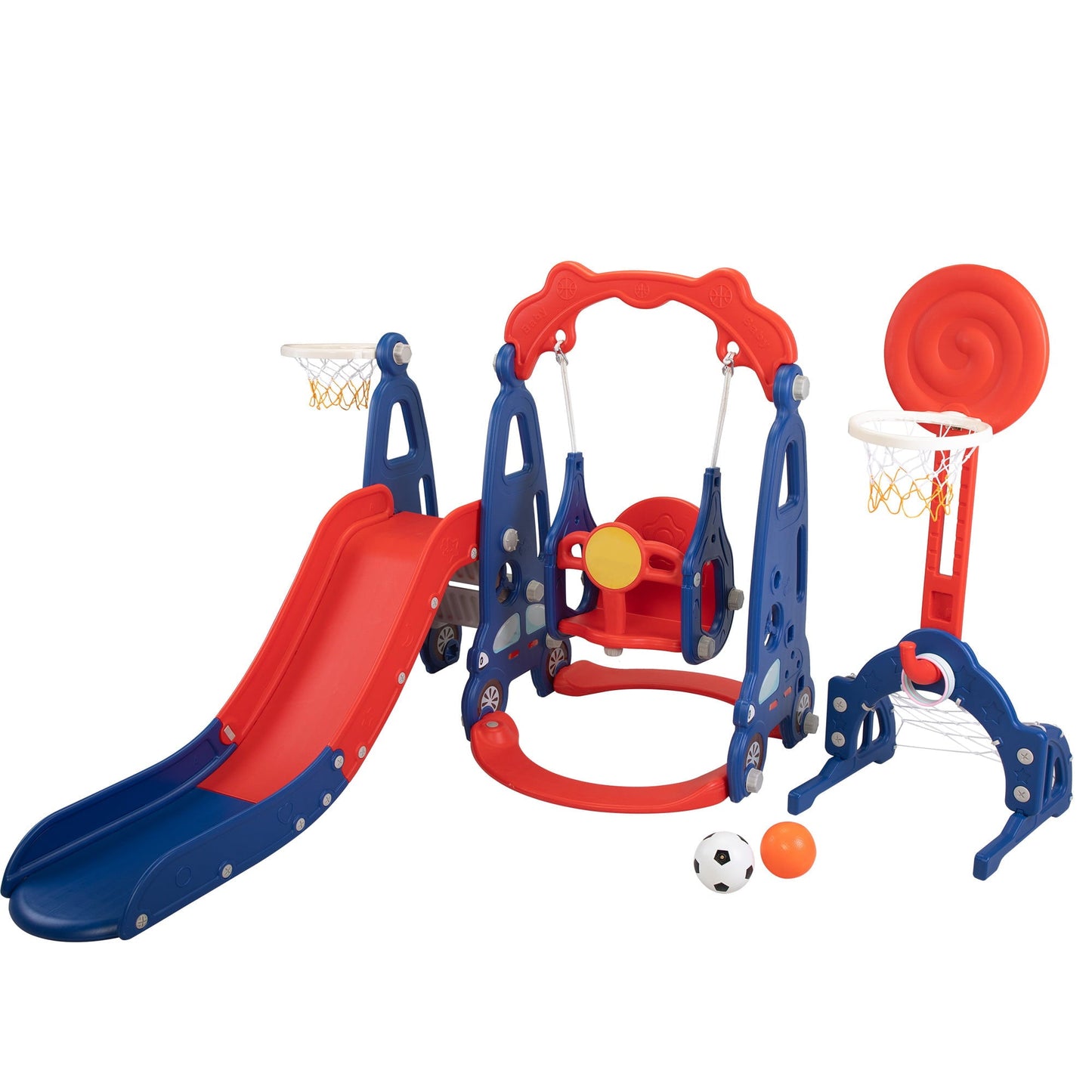 Versatile Kids-gift! 5 in 1 Slide and Swing Playing Set, Toddler Extra-Long Slide with 2 Basketball Hoops, Football, Ringtoss, Indoor Outdoor