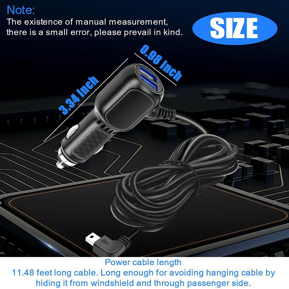 Classic Dash Cam Car Charger Mini USB Cable 11.5ft Power Cord Supply for DVR Camera GPS