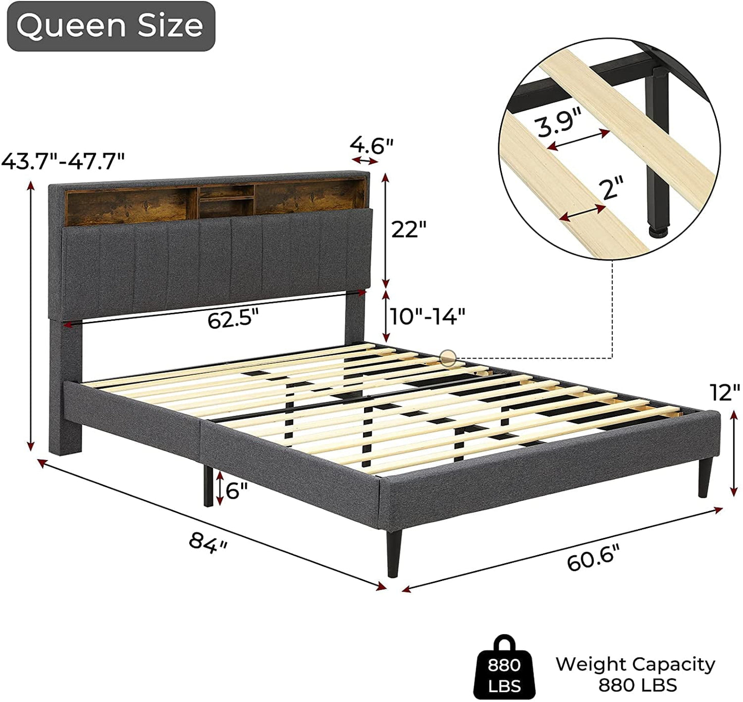 Versatile ADORNEVE Queen Size Platform Bed Frame, Modern Fabric Upholstered Bed with Power Strip and Storage Headboard Height Adjustable, No Box Spring Needed, Dark Gray