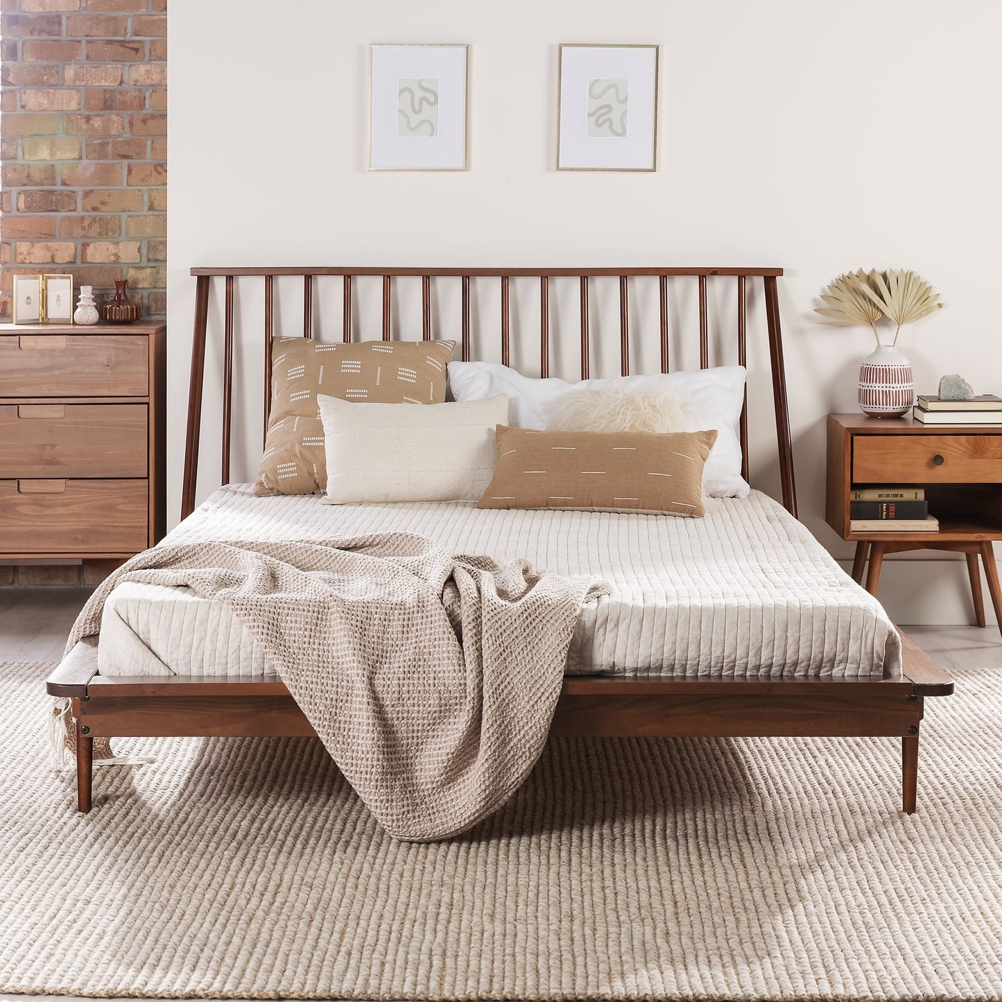 Versatile Walker Edison Modern Boho Queen Size Solid Wood Platform Bed, Walnut