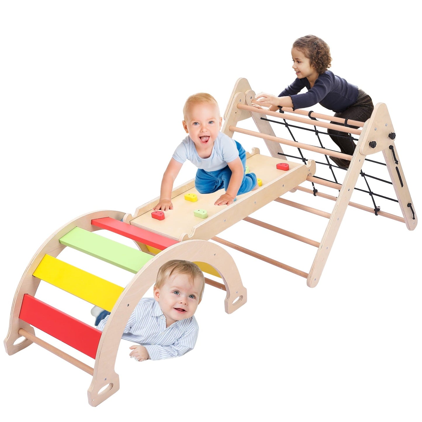 Versatile Toddler Indoor Gym Playset, 5-in-1 Wooden Climbing Toys, Triangle Folding Climbing for Climbing & Sliding for Boys and Girls, 18Month+