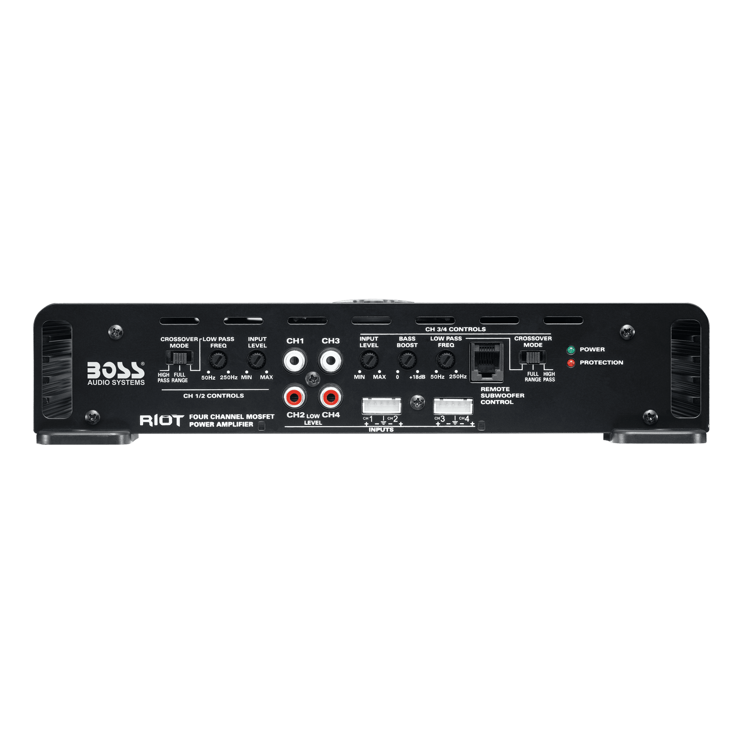 Versatile BOSS Audio Systems R2504 Riot Series Car Audio Amplifier - 1000 High Output, 4 Channel, Class A/B, 2/4 Ohm, High/Low Level Inputs, High/Low Pass Crossover, Bridgeable, Full Range