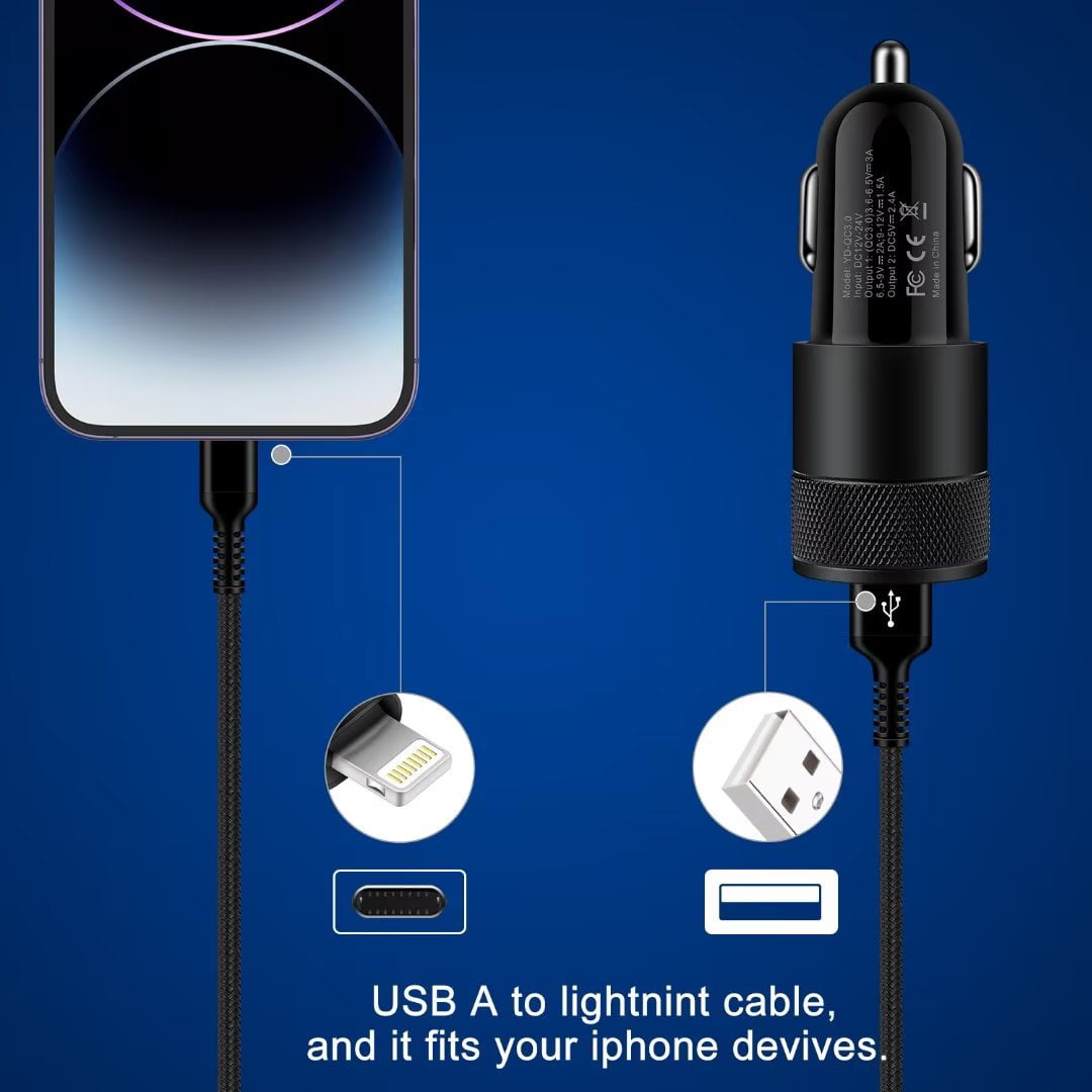 Versatile iPhone Car Charger,AILKIN USB Car Charger,Dual USB Lightning Car Charger Adapter Car Socket Cigarette Lighter QC3.0/2.4A iPhone Car Charger with 2PCS Lightning Cable 6ftï¼Black)