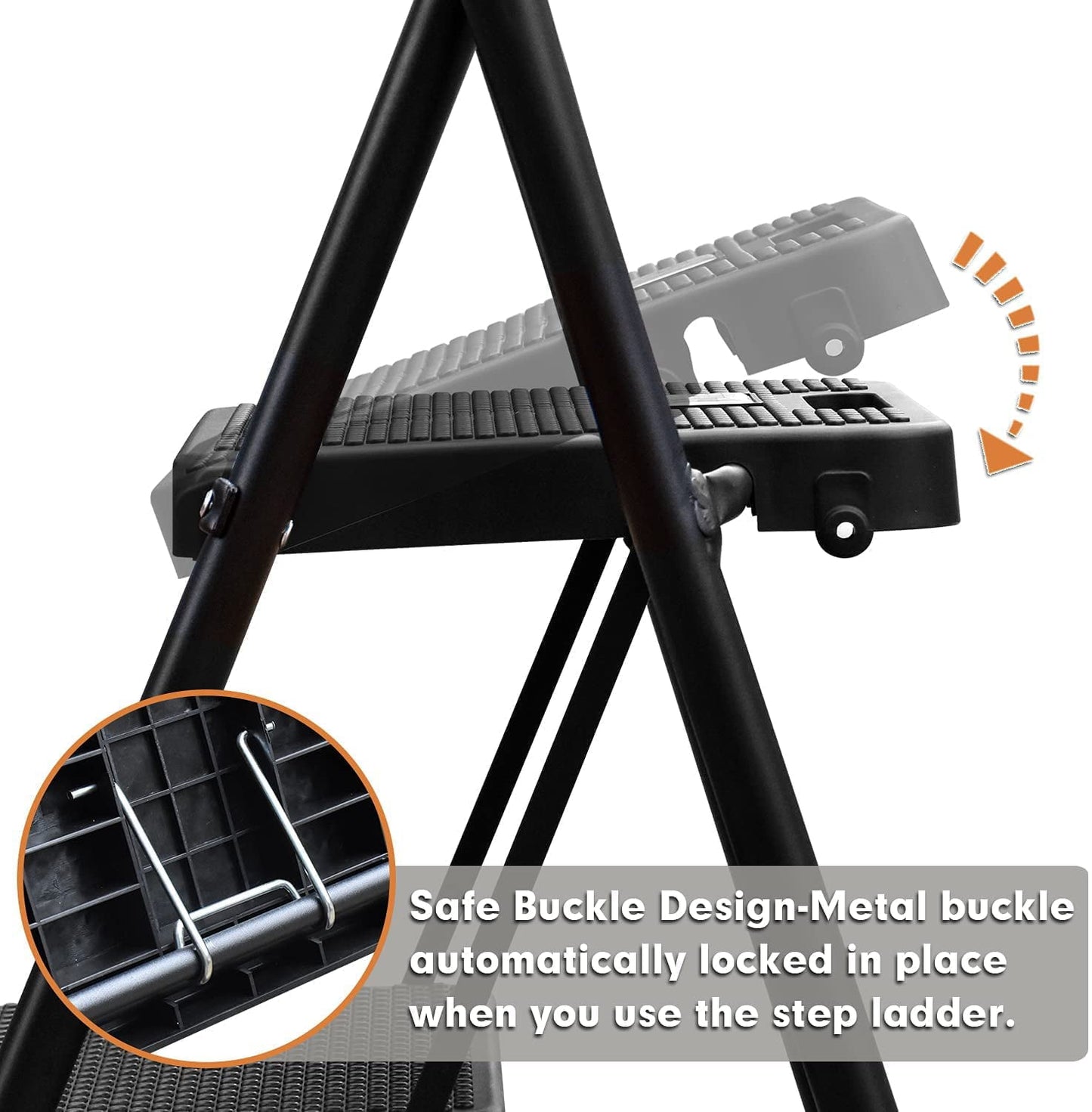 Versatile HBTower Folding 3-Step Stool Ladder, 500lbs, with Wide Anti-Slip Pedal and Steel Handgrip, Black