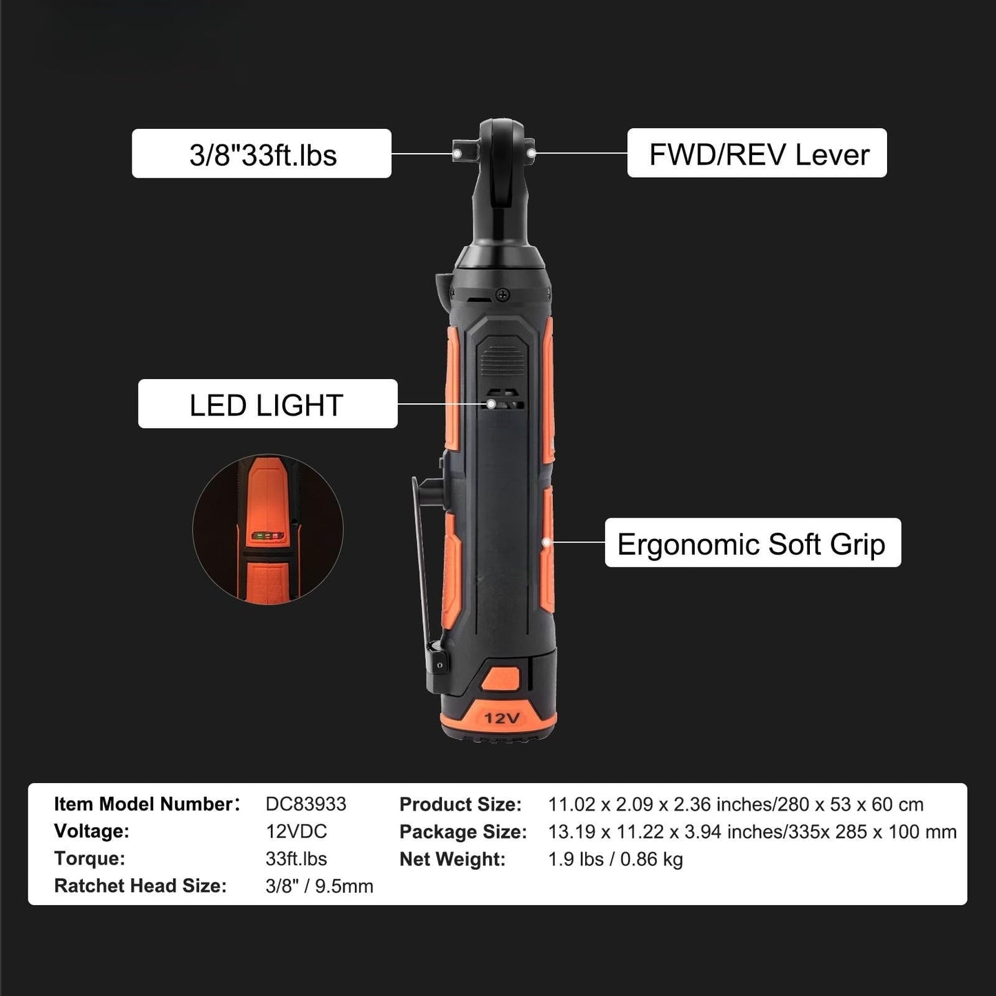 Versatile BENTISM Cordless Electric Ratchet Wrench Cordless Ratchet 3/8" 12V 2 Batteries