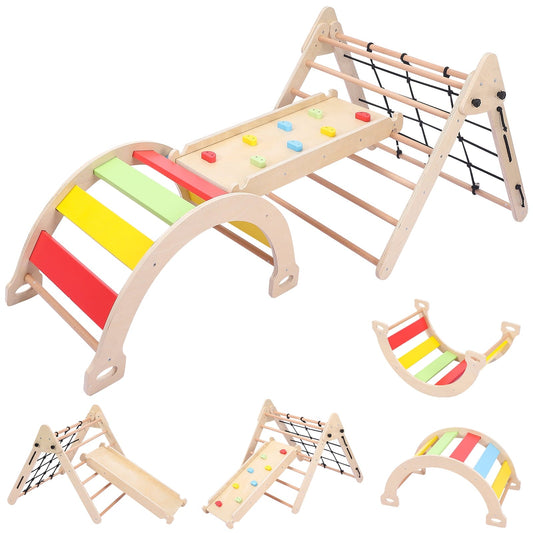 Versatile Toddler Indoor Gym Playset, 5-in-1 Wooden Climbing Toys, Triangle Folding Climbing for Climbing & Sliding for Boys and Girls, 18Month+