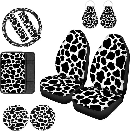 Versatile Pzuqiu Cow Print Car Accessories Front Car Seat Cover with Steering Wheel Cover+ Automotive Cup Holders+ Car Key Fob Cover+Seat Belt Pads Cover+ Center Console Pad Full Set 10-pcs Black White