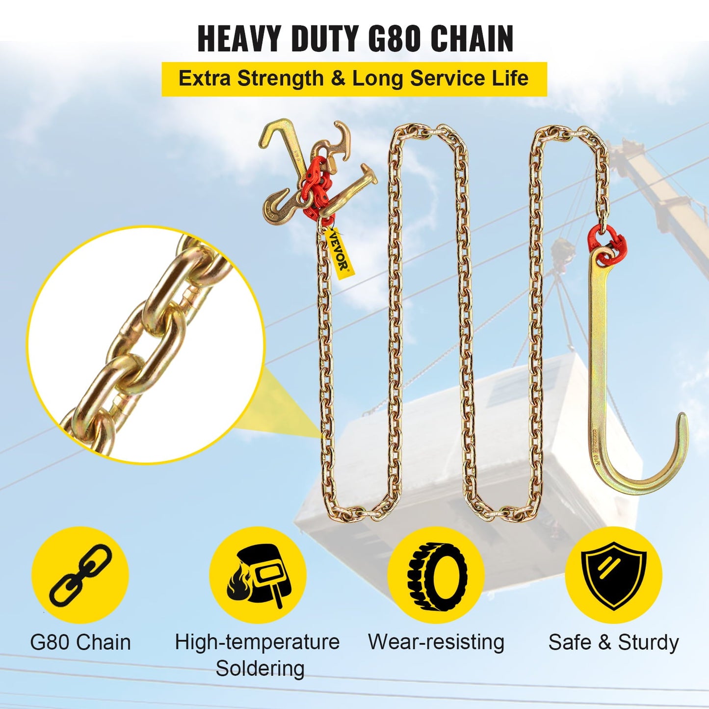 Classic BENTISM 5/16"x10' Long Shank J Hook Tow Chain w/ 15" Large J Hooks & RTJ Hooks X2