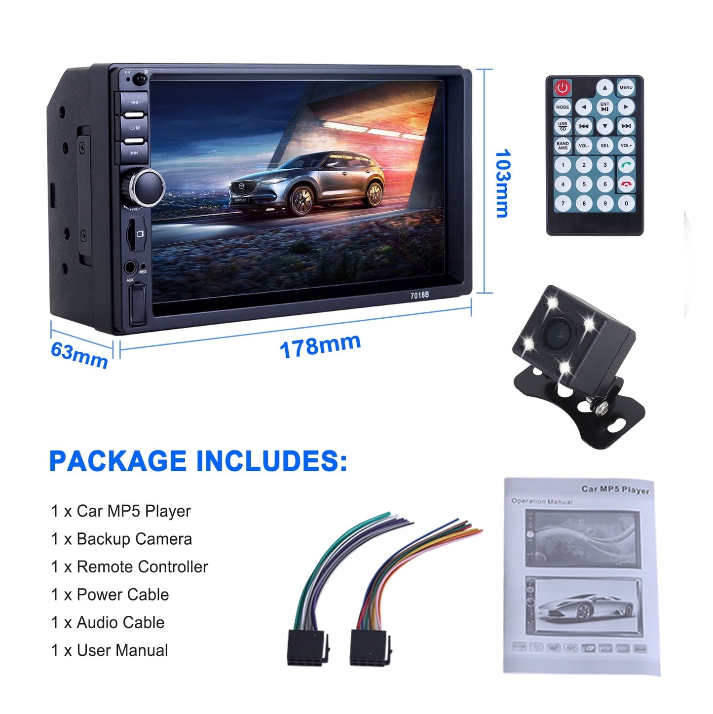 Classic Car Stereo Touch Screen,7" Double Din Radio,Car Stereo with Bluetooth FM AUX USB SD Mirror Link Function,Backup Camera