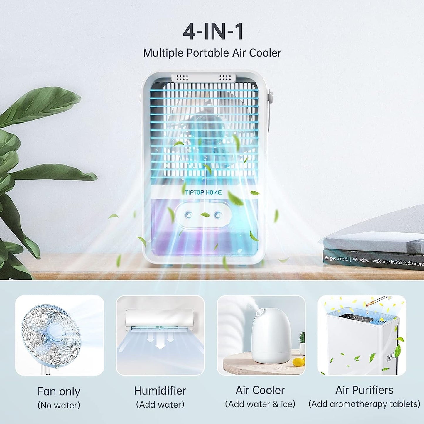 Classic Flend Portable Air Conditioner Fan, Evaporative Air Cooler Humidifier, Small Desktop Cooling Fan with 7-Color LED Light for Room Office Camping, Blue