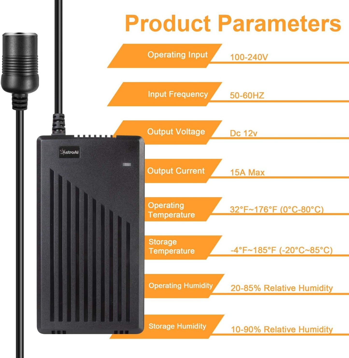 Versatile AstroAI AC to DC Converter, 15A/180W/8.25FT/110V to 12V Converter, Car Cigarette Lighter Socket AC/DC Power Supply Adapter Transformer for Inflator, Car Refrigerator, and Other Car Devices