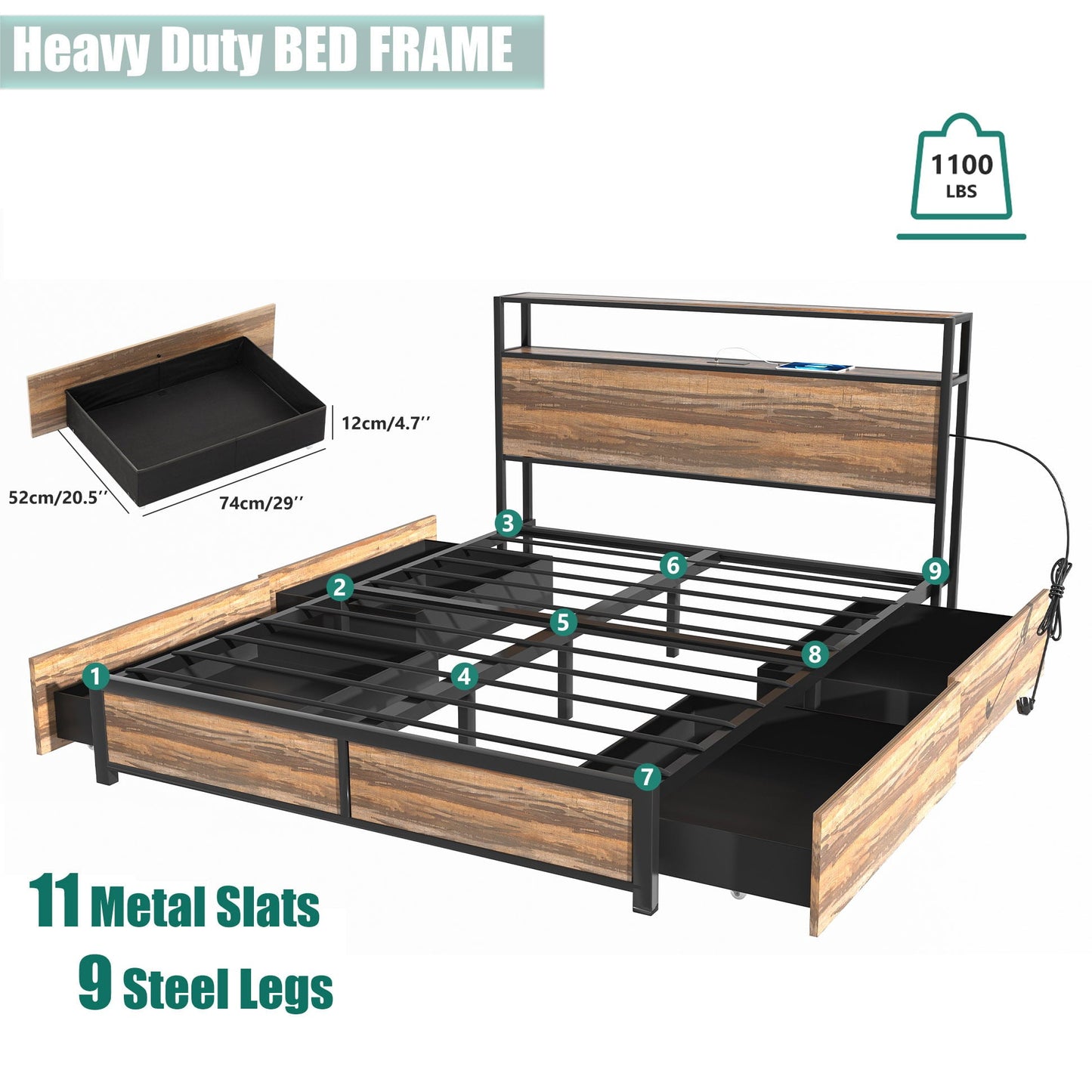 Classic Queen Size Bed Frame with LED Lights Headboard & Storage Drawers - Metal Platform Bed with Power Outlet and USB Ports(Brown-Queen)