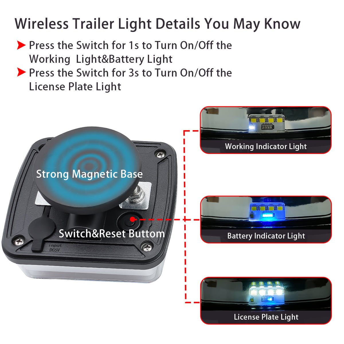 Versatile Wireless Magnetic Tow Light Kit, Rechargeable Battery Tow Trailer Lights Kit for Trailers, Trucks, Campers,and Boats