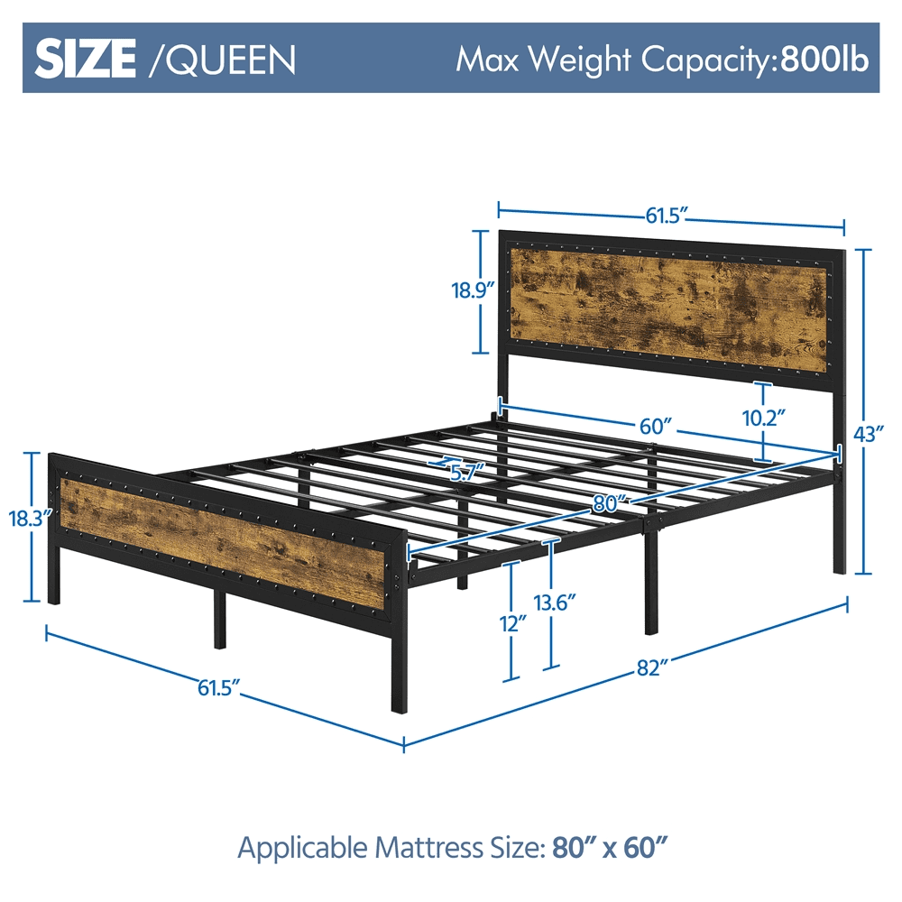 Versatile Topeakmart Industrial Metal Bed Frame with Wooden Headboard and Footboard, Queen Size, Rustic Brown