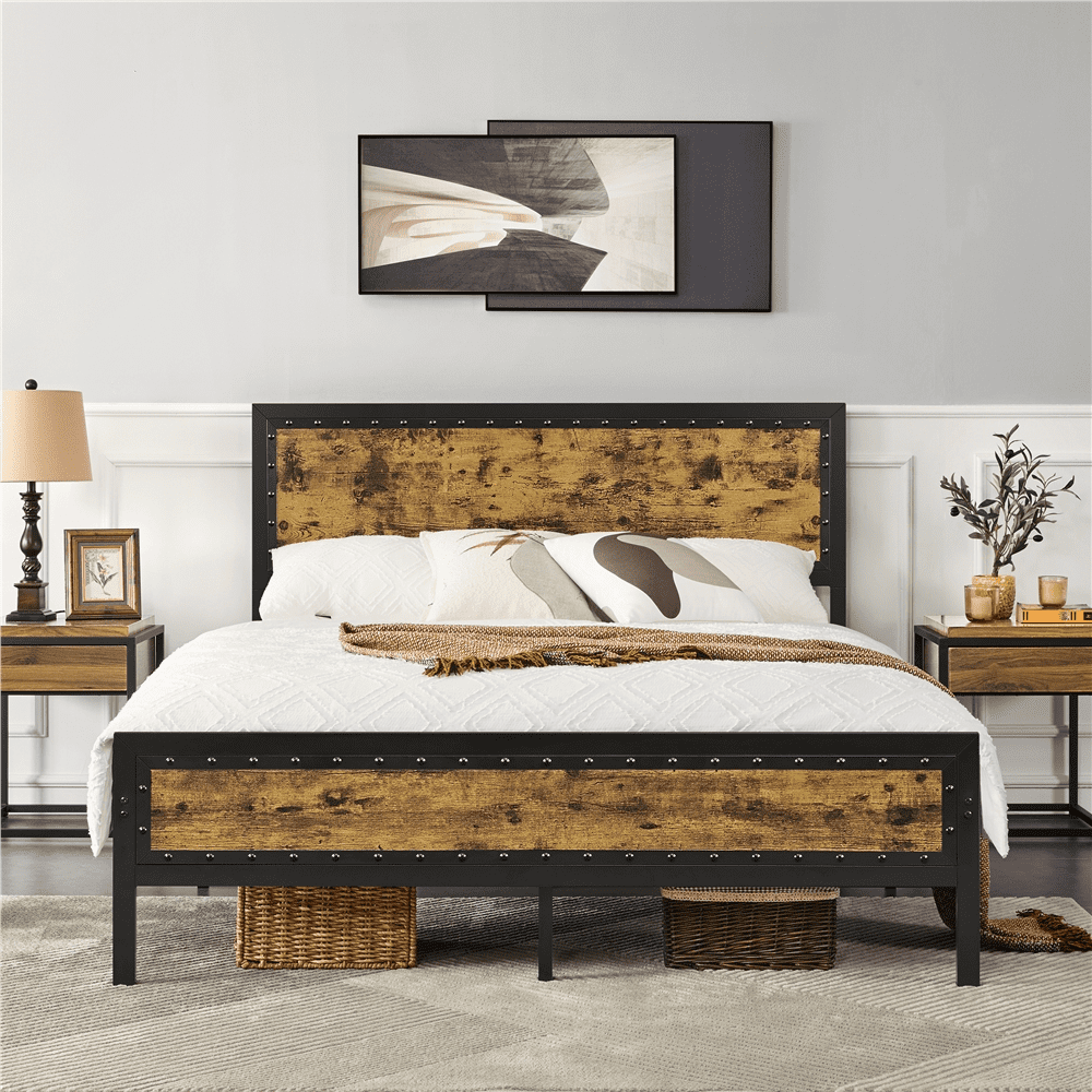 Versatile Topeakmart Industrial Metal Bed Frame with Wooden Headboard and Footboard, Queen Size, Rustic Brown