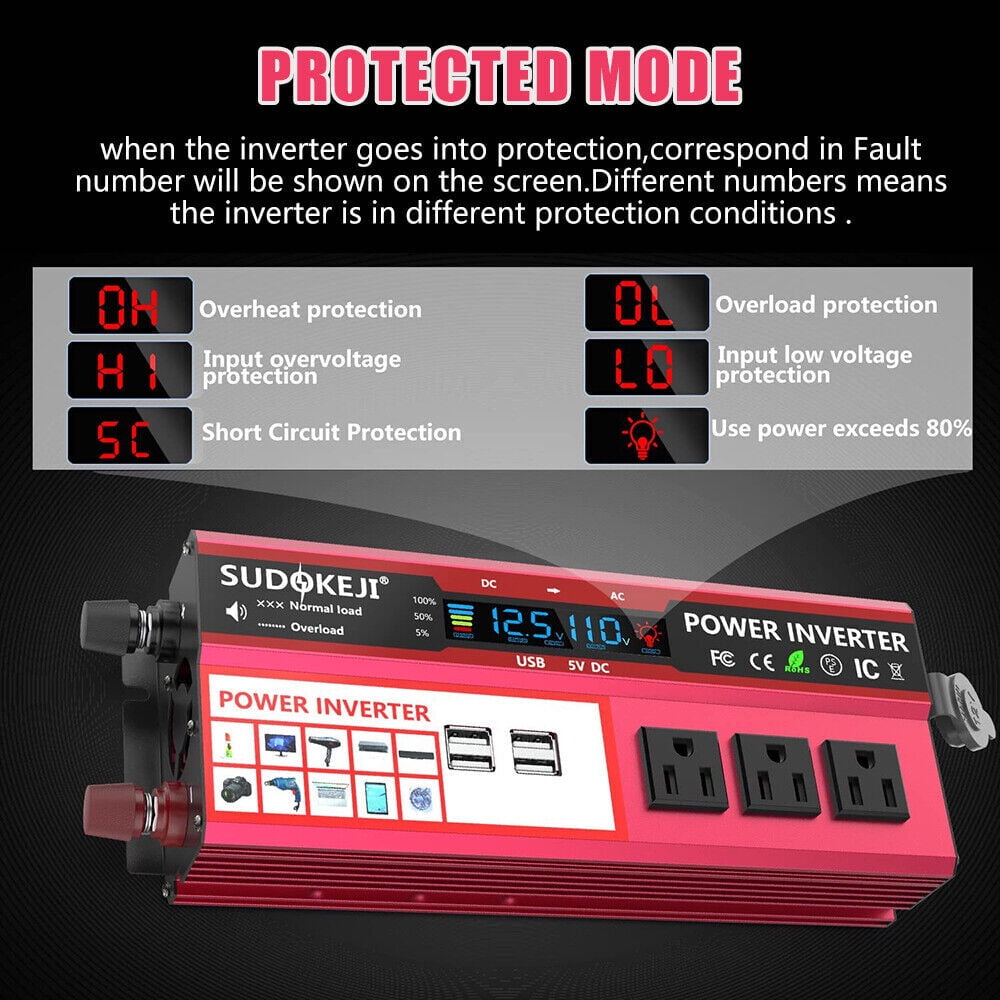 Classic 1000W Power Inverter Car Converter Adapter, 500W DC 12V to AC 110V Pure Sine Wave Solar Converter