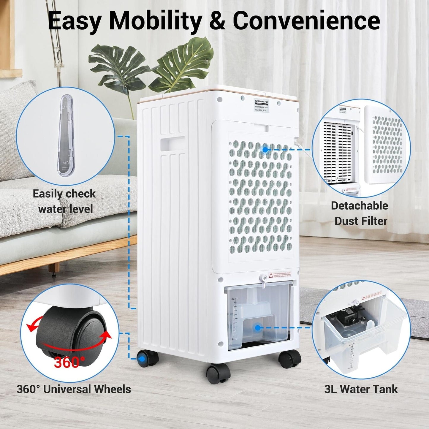 Versatile Vebreda Air Cooler Portable Evaporative Air Cooler Fan with Remote Control Casters Suitable for Home Office