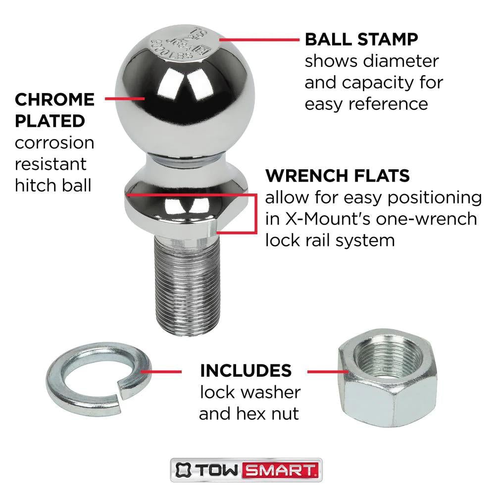 Classic TowSmart Trailer Hitch Ball, Class I, 1-7/8in Ball, 1in x 2in Shank, 2000lb, 712, Chrome, 1 Each