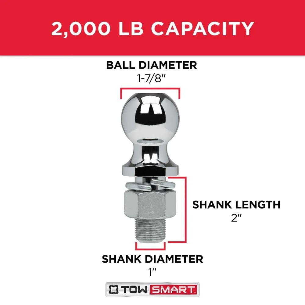 Classic TowSmart Trailer Hitch Ball, Class I, 1-7/8in Ball, 1in x 2in Shank, 2000lb, 712, Chrome, 1 Each