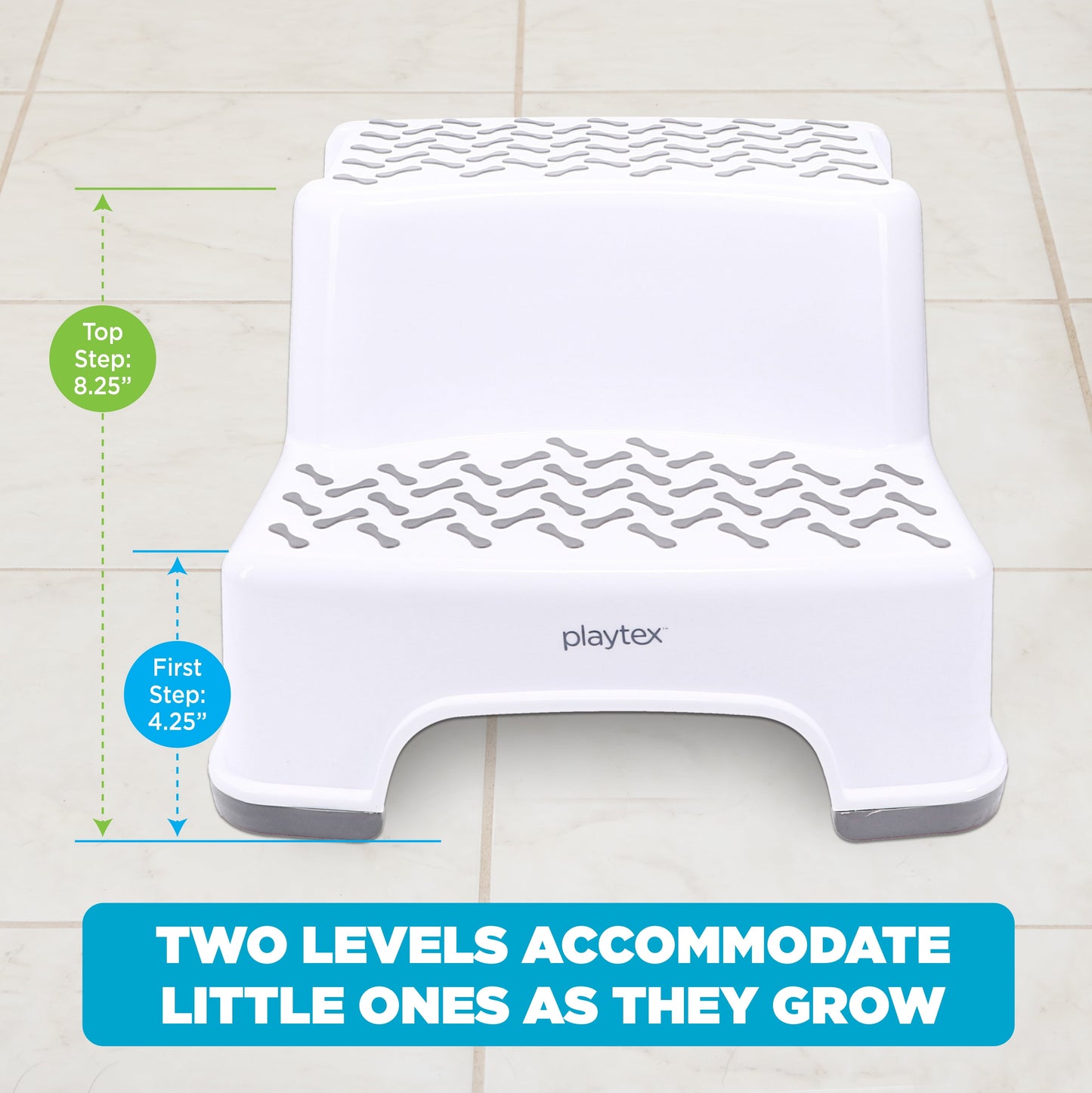 Classic Playtex White 2-Tier Step Stool, Kids Bathroom and Bedroom Plastic Step Stool