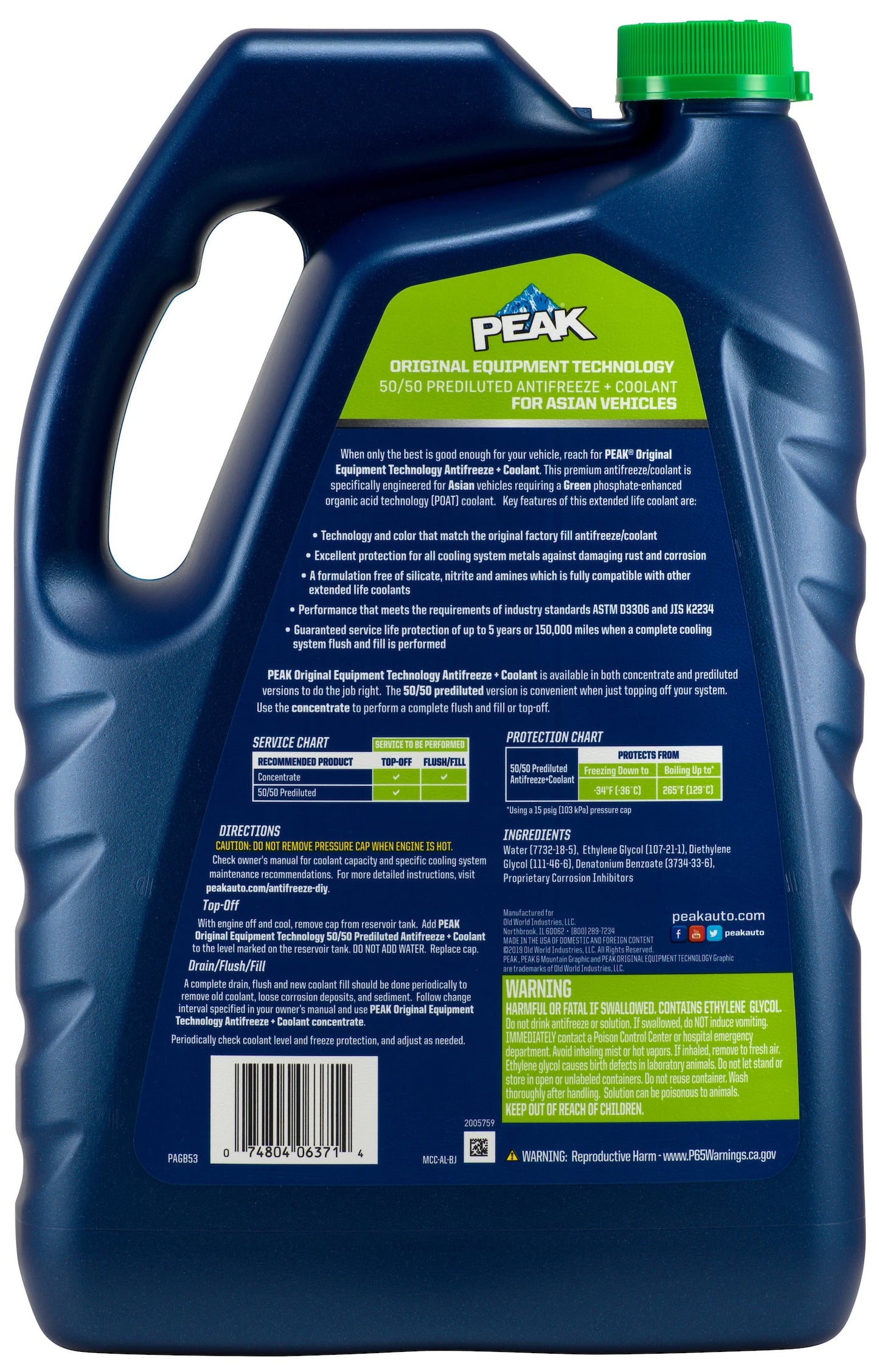 Classic PEAKÂ® ORIGINAL EQUIPMENT TECHNOLOGY Antifreeze + Coolant For Asian Vehicles - Green