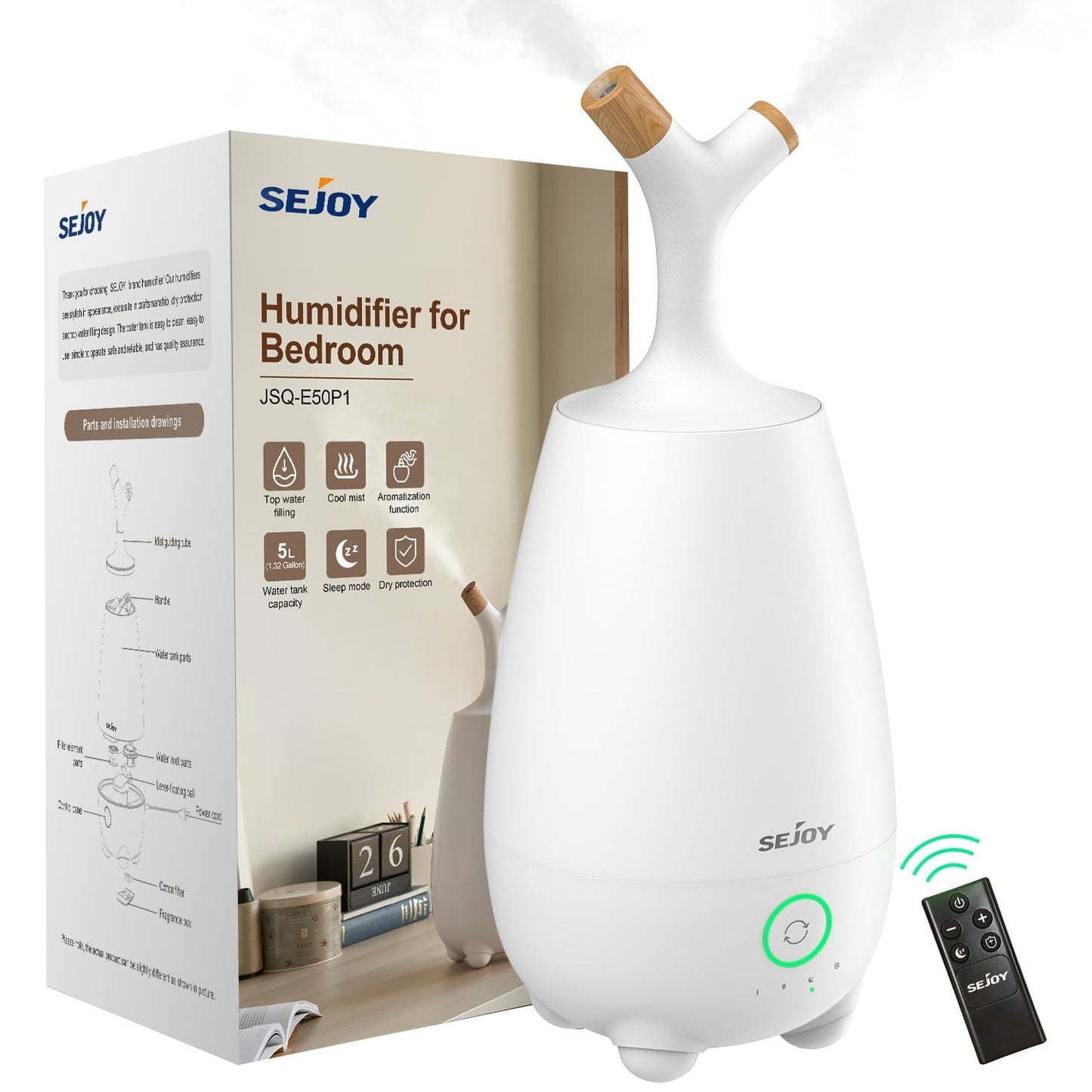 Versatile Sejoy Ultrasonic Humidifier for Home, Baby, 5L Large Capacity, Cool Mist, Remote Control, Auto Shut-off, White