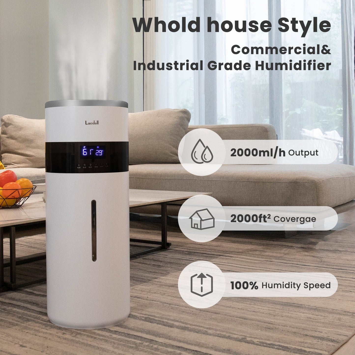 Classic Lacidoll Humidifiers for Large Room - 4.8Gal/18L Wholehouse Humidifier 2000 Sq.ft -  Top Fill, Remote, Timer, 2000ml per Hour Mist Output