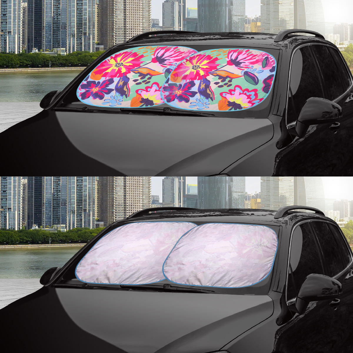 Classic Auto Drive Sedan SUV Hatchback Windshield Floral Design Twist Sun Shade 1 Pair, 28.5"x 31.5"