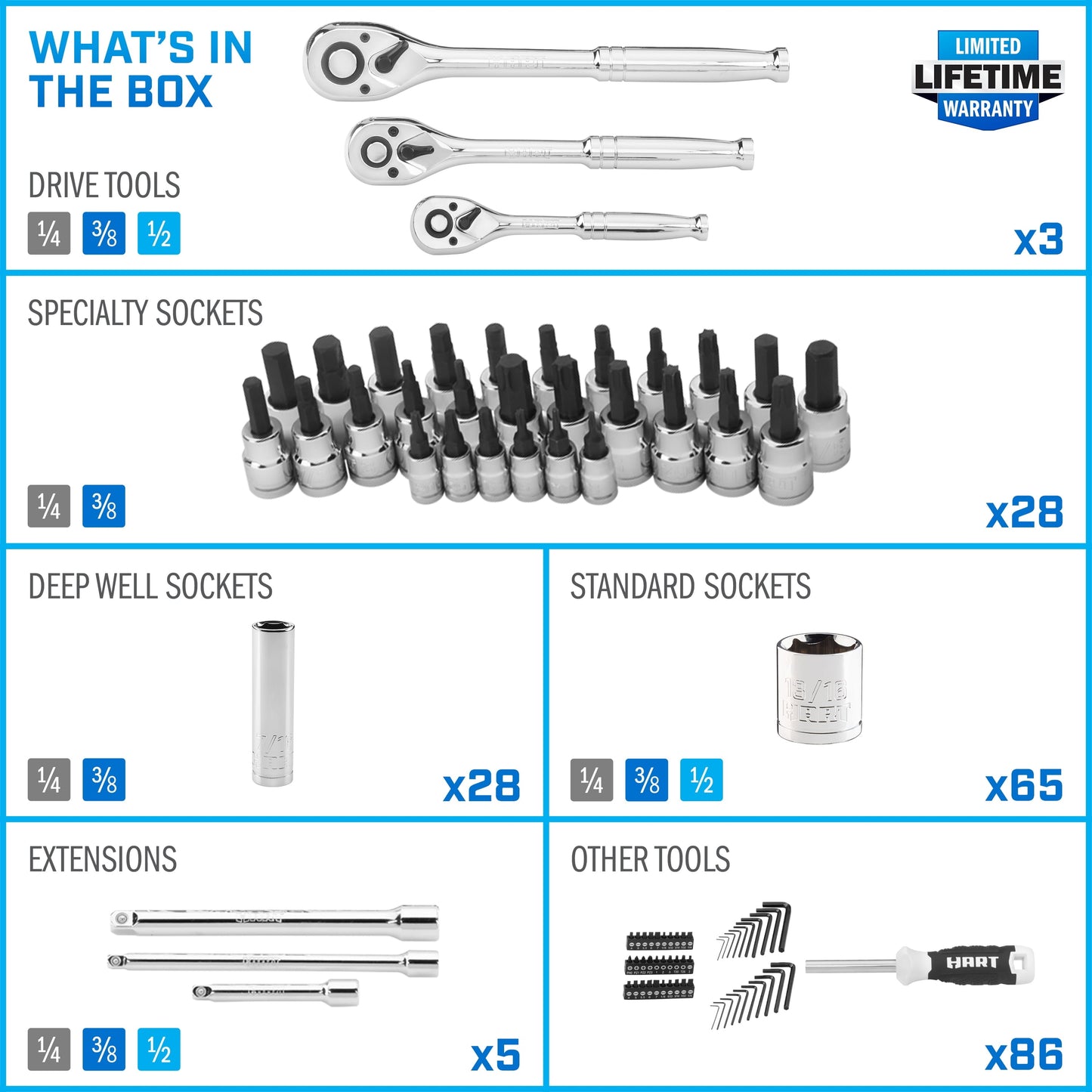 Versatile HART 215-Piece Mechanics Tool Set, Multiple Drive, Chrome Finish