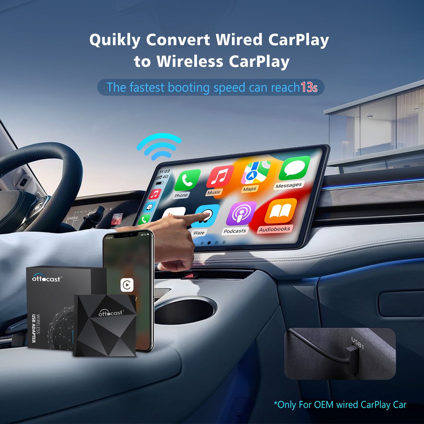 Versatile OTTOCAST Wireless CarPlay Adapter 2023 Speed Fastest Apple Wireless CarPlay Dongle 5Ghz WiFi Auto Connect No Delay Online Update, U2-AIR for OEM Wired CarPlay Cars Model Year After 2016