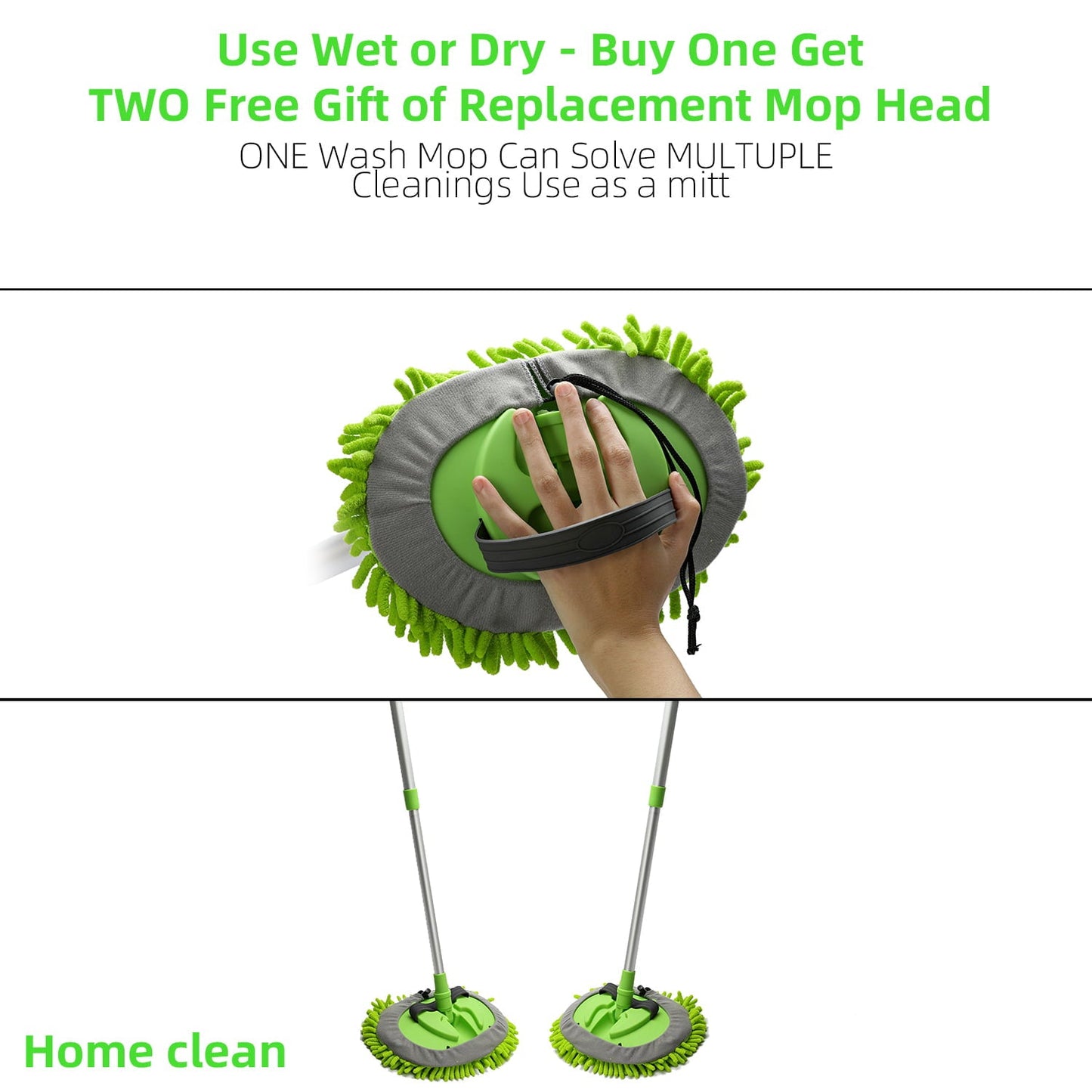 Versatile Carcarez Car Wash Brush Kit with 45" Aluminum Alloy Long Handle, 3 in 1 Car Cleaning Mop, Chenille Microfiber Mitt Set, Glass Scrubber Vehicle Cleaner Kit, Green