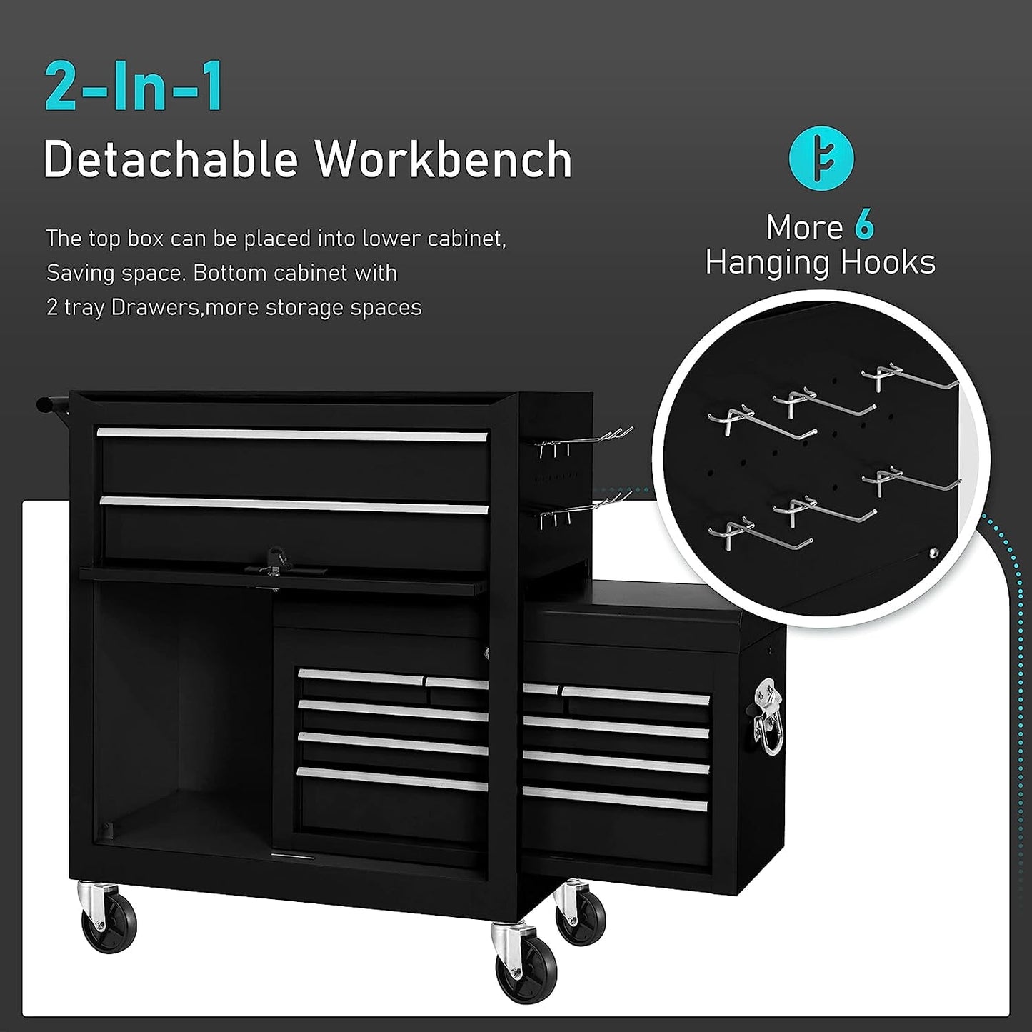 Classic 2-IN-1  Tool Chest & Cabinet, Large Capacity 8-Drawer Rolling Tool Box Organizer with Wheels Lockable Craft, Black