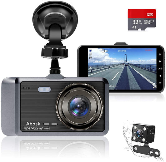 Versatile ABASK Q40S Dashcam Front and Rear 1080P FHD - 170Â° Wide Angle - 4 inch Screen - Reverse Parking Assistance, G-Sensor, Loop Recording, Parking Monitor, Motion Detection, WDR - With 32GB Card