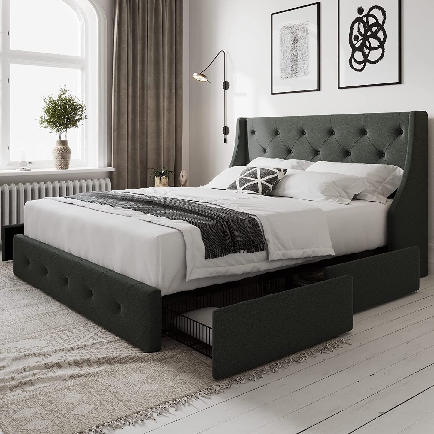 Classic Allewie Queen Size Bed Frame with 4 Storage Drawers and Button Tufted & Wingback Headboard, Dark Grey