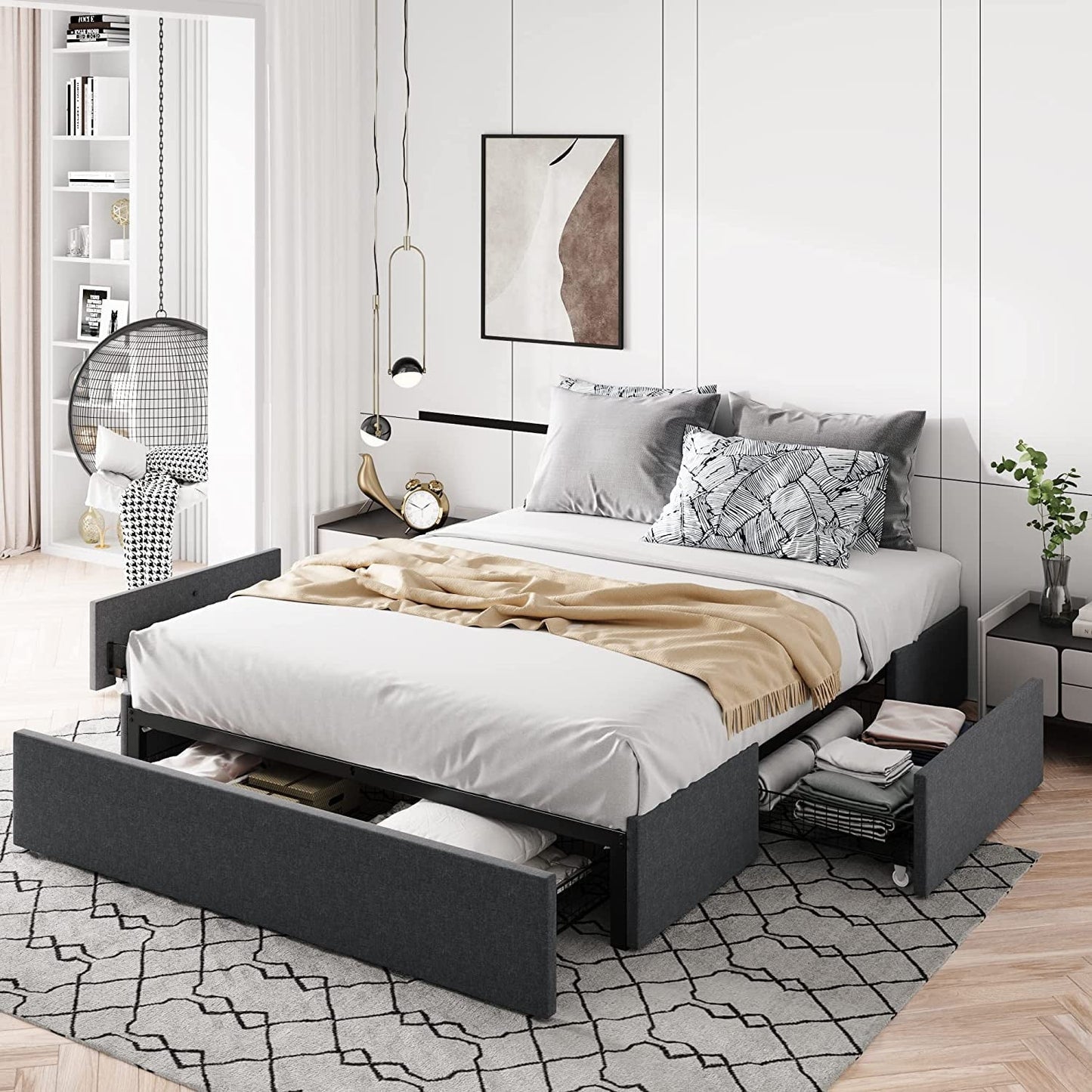 Classic Allewie Queen Size Platform Bed Frame with 3 Storage Drawers, Fabric Upholstered, Dark Grey