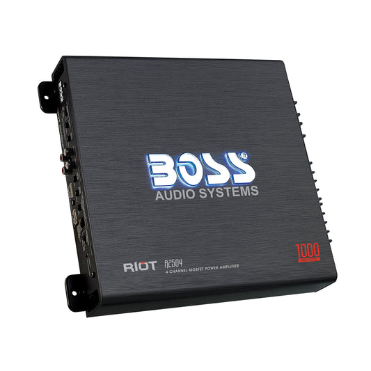 Versatile BOSS Audio Systems R2504 Riot Series Car Audio Amplifier - 1000 High Output, 4 Channel, Class A/B, 2/4 Ohm, High/Low Level Inputs, High/Low Pass Crossover, Bridgeable, Full Range