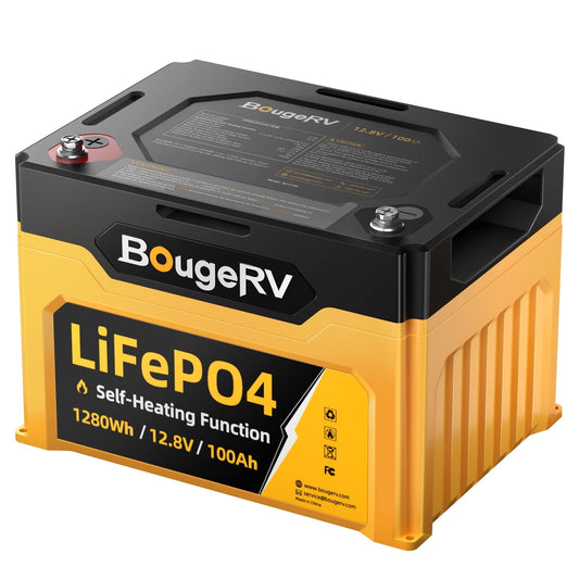 Versatile BougeRV 12V 100Ah Self-Heating LiFePO4 Battery, Low Temperature Protection, 1280Wh Deep Cycle Lithium Battery, BMS, for RV Solar Camper Marine