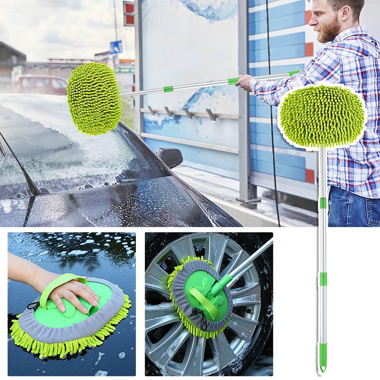 Classic Car Wash Brush with Long Handle Chenille Microfiber Car Wash Mop Car Washing Brush Cleaning Kit Car Wheel Tire Brush Microfiber Towels Cleaning Cloth for Cars RV Truck Boat