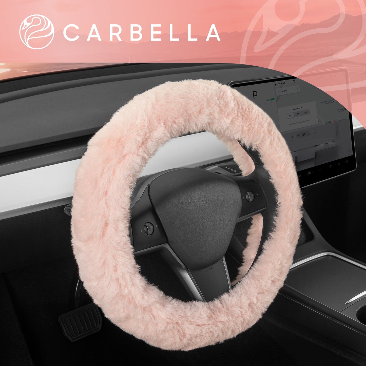 Classic Carbella Soft Pink Faux Fur Steering Wheel Cover for Women, Standard 15 Inch Size Fits Cars Trucks SUV