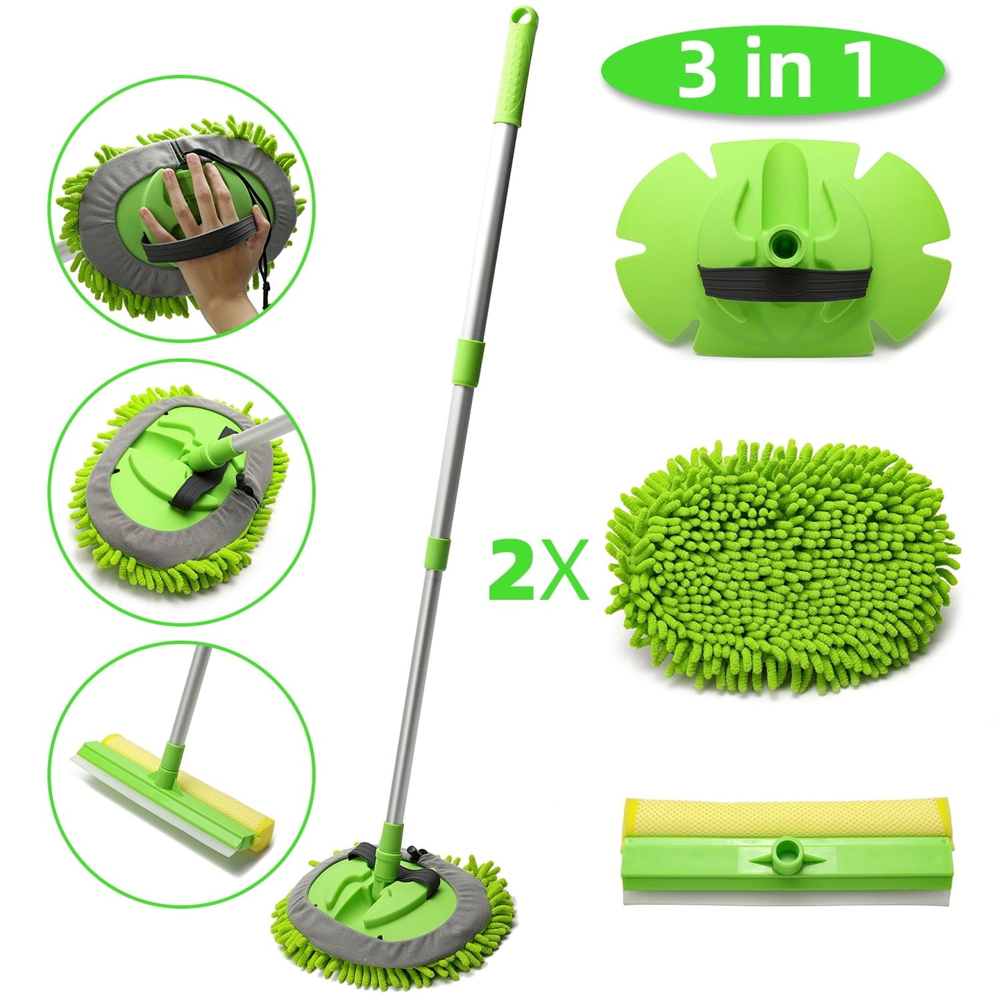 Versatile Carcarez Car Wash Brush Kit with 45" Aluminum Alloy Long Handle, 3 in 1 Car Cleaning Mop, Chenille Microfiber Mitt Set, Glass Scrubber Vehicle Cleaner Kit, Green