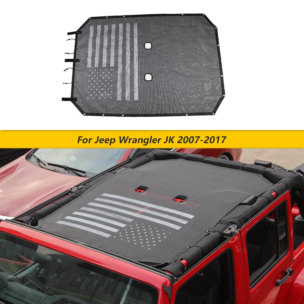 Classic CheroCar Sun Shade Mesh Sunshade Bikini Top for Jeep Wrangler JK 2007-2017, Black US Flag