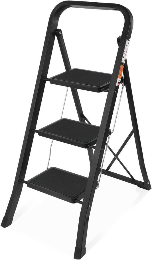 Classic Coolhut 3 Step Ladder, Folding Step Stool with Wide Anti-Slip Pedal, 330lbs Capacity Portable Lightweight Ladders for Home Kitchen Outdoor, Black