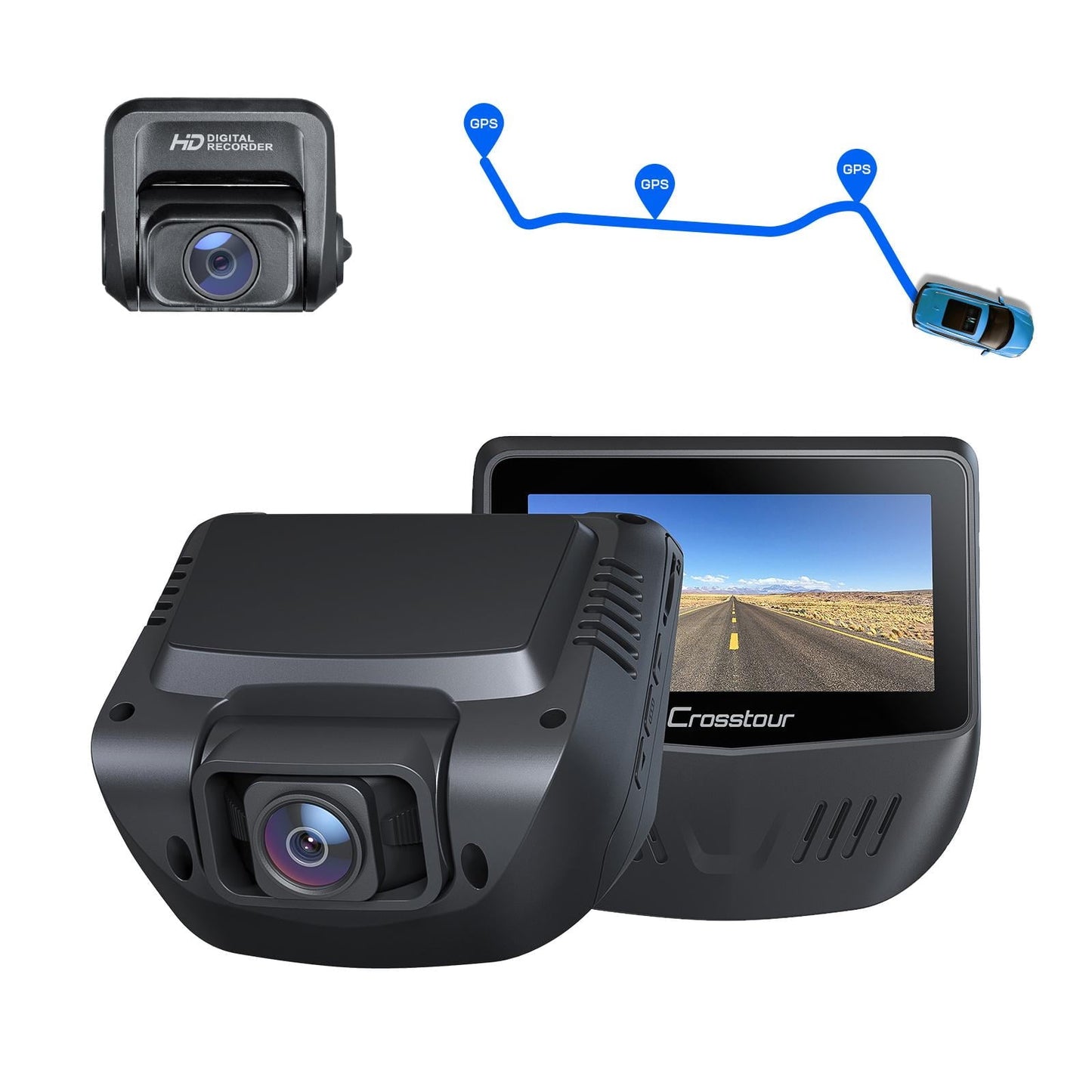 Versatile Crosstour Dash Cam,Front and Rear 3â Dual Car Camera 1080P,External GPS Supported,Sony Sensor,32GB Max,Black