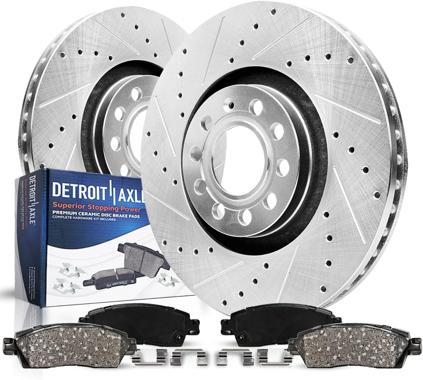 Classic Detroit Axle - Front Brake Kit for Volkswagen Passat Tiguan Audi Q3 Quattro Drilled & Slotted Rotors Ceramic Brakes Pads Replacement - [12.28" Rotors]