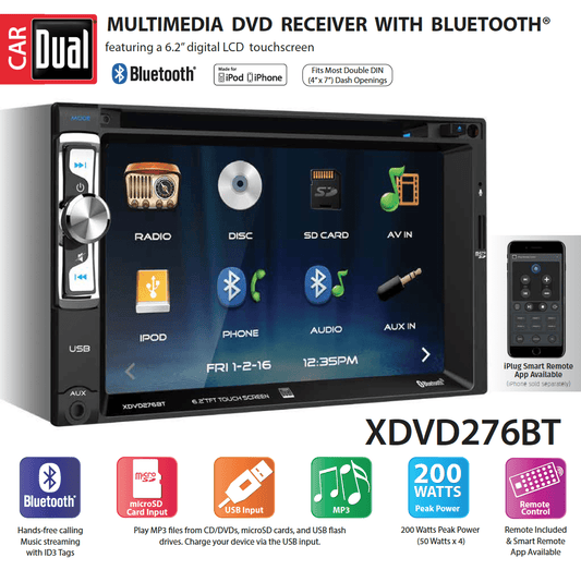 Classic Dual Electronics XDVD276BT 6.2 inch LED Backlit LCD Multimedia Touch Screen Double Din Car Stereo with Built-in Bluetooth, iPlug, CD/DVD Player and USB/microSD Ports