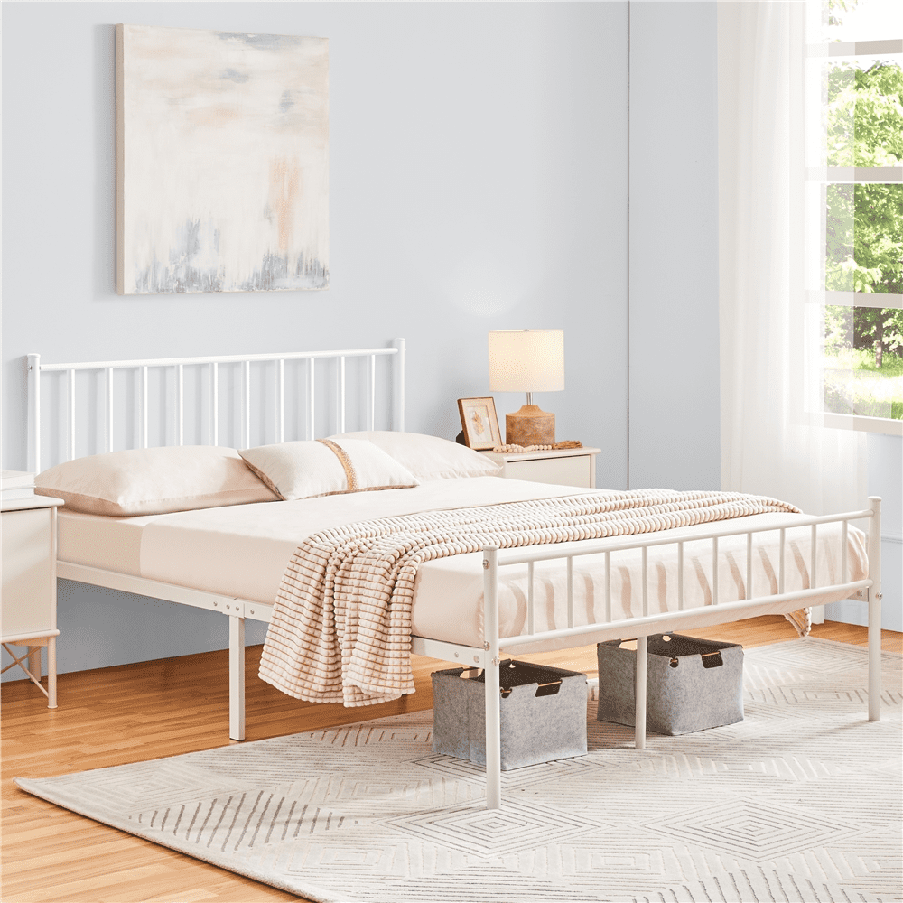 Classic Easyfashion Justin Metal Platform Bed with Spindle Headboard and Footboard, Queen Size, White