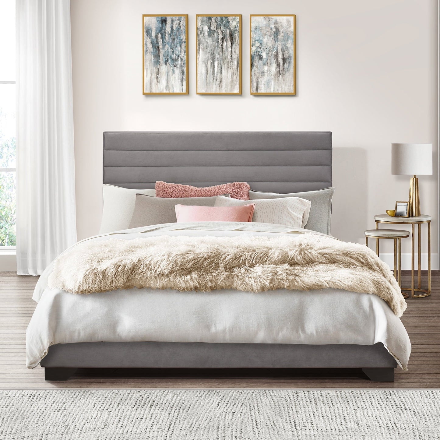 Classic Edie Upholstered Queen Horizonal Tuft Platform Bed, Charcoal