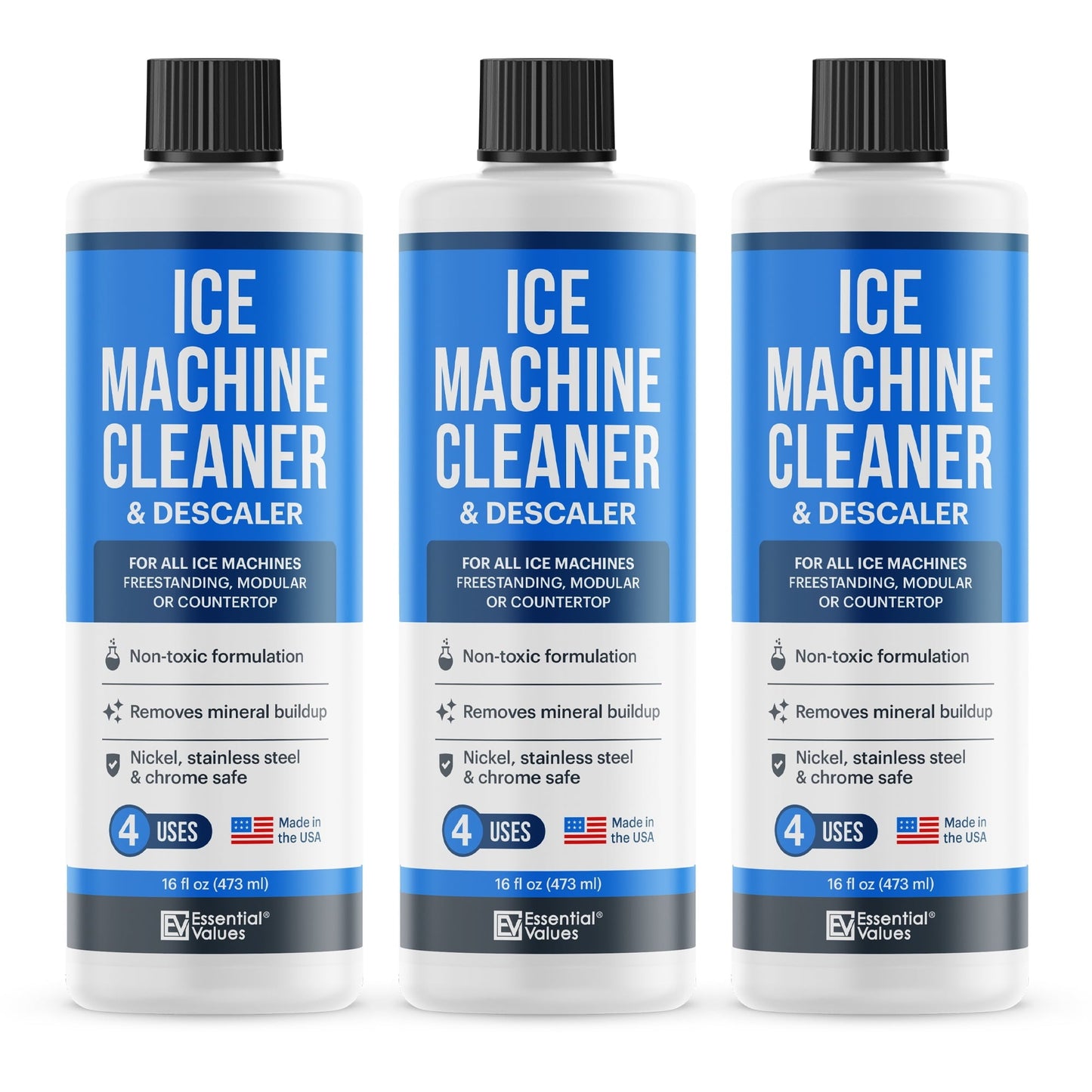 Versatile Essential Values 3-Pack Ice Machine Cleaner and Descaler,16 fl oz Compatible Ice Maker & Nickel Safe Descaler